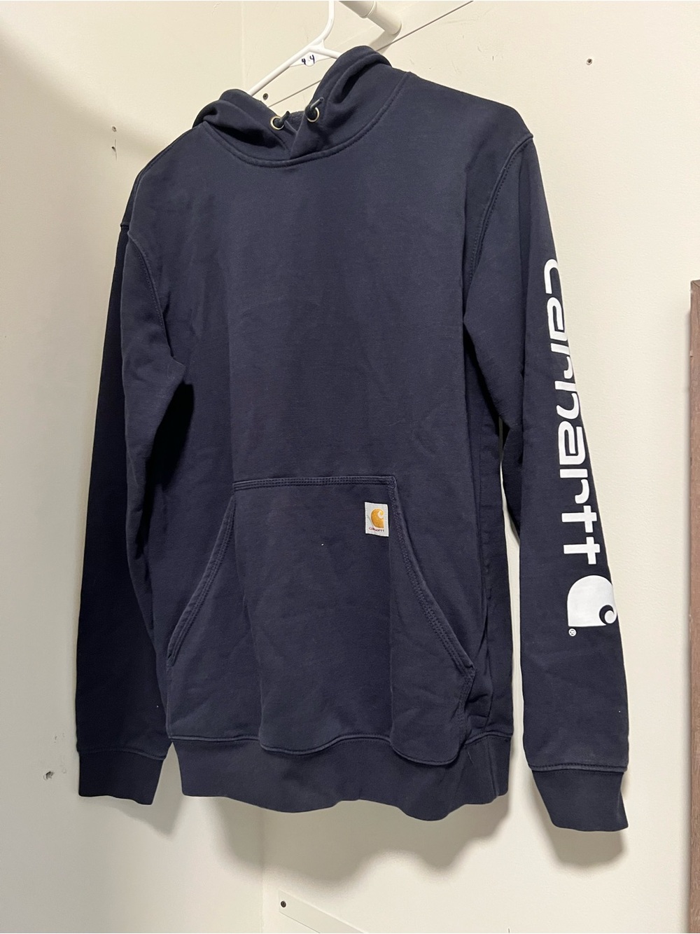 Carhartt Navy Blue Pullover Hoodie with Sleeve Branding